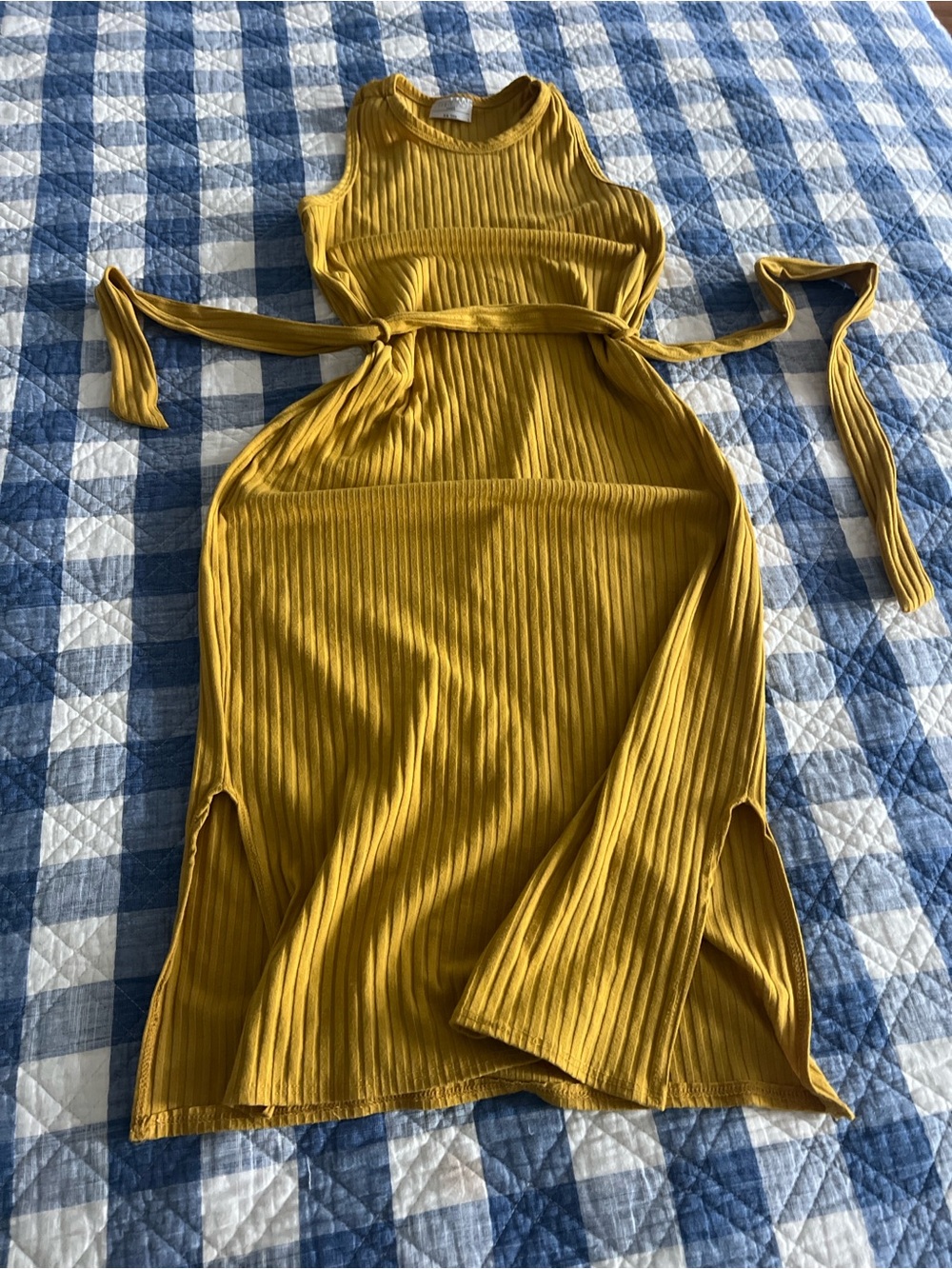 Sleeveless Ribbed High-Low Midi Dress in Mustard with Waist Tiethread times